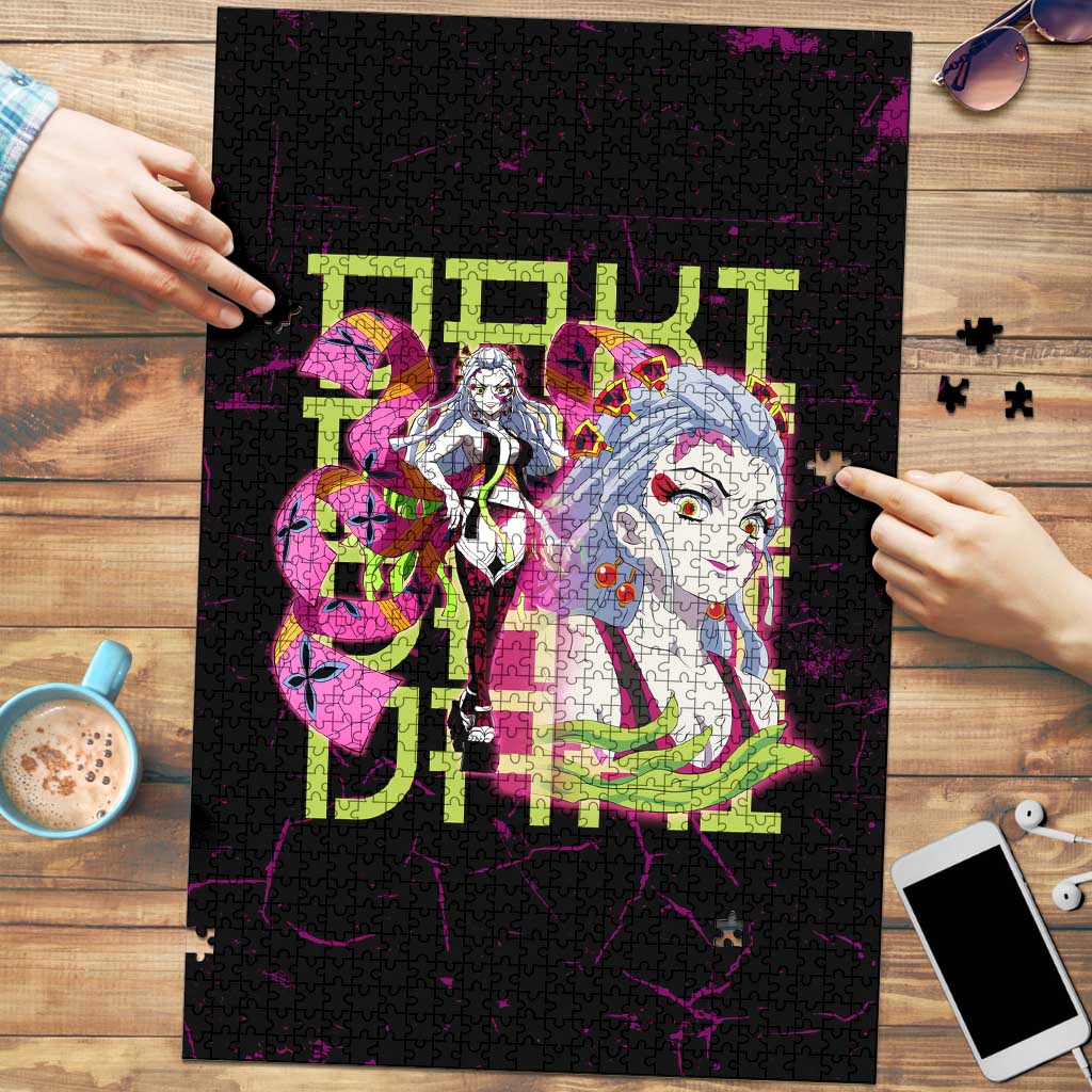 Daki Demon Slayer Theme Puzzle with Obi Sash Design and Neon Pink Green Graphic Elements - The Mazicc