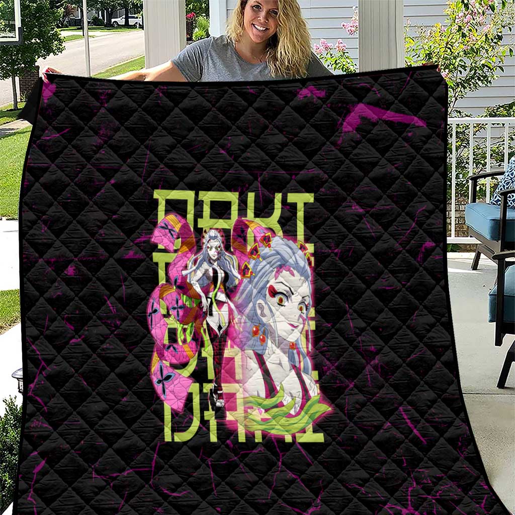 Daki Demon Slayer Theme Quilt with Obi Sash Design and Neon Pink Green Graphic Elements - The Mazicc