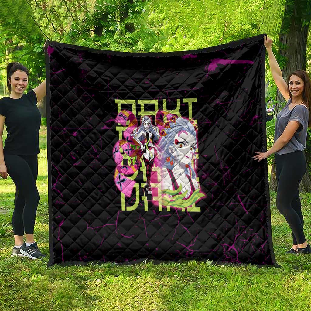 Daki Demon Slayer Theme Quilt with Obi Sash Design and Neon Pink Green Graphic Elements - The Mazicc