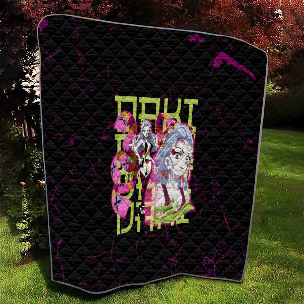 Daki Demon Slayer Theme Quilt with Obi Sash Design and Neon Pink Green Graphic Elements - The Mazicc