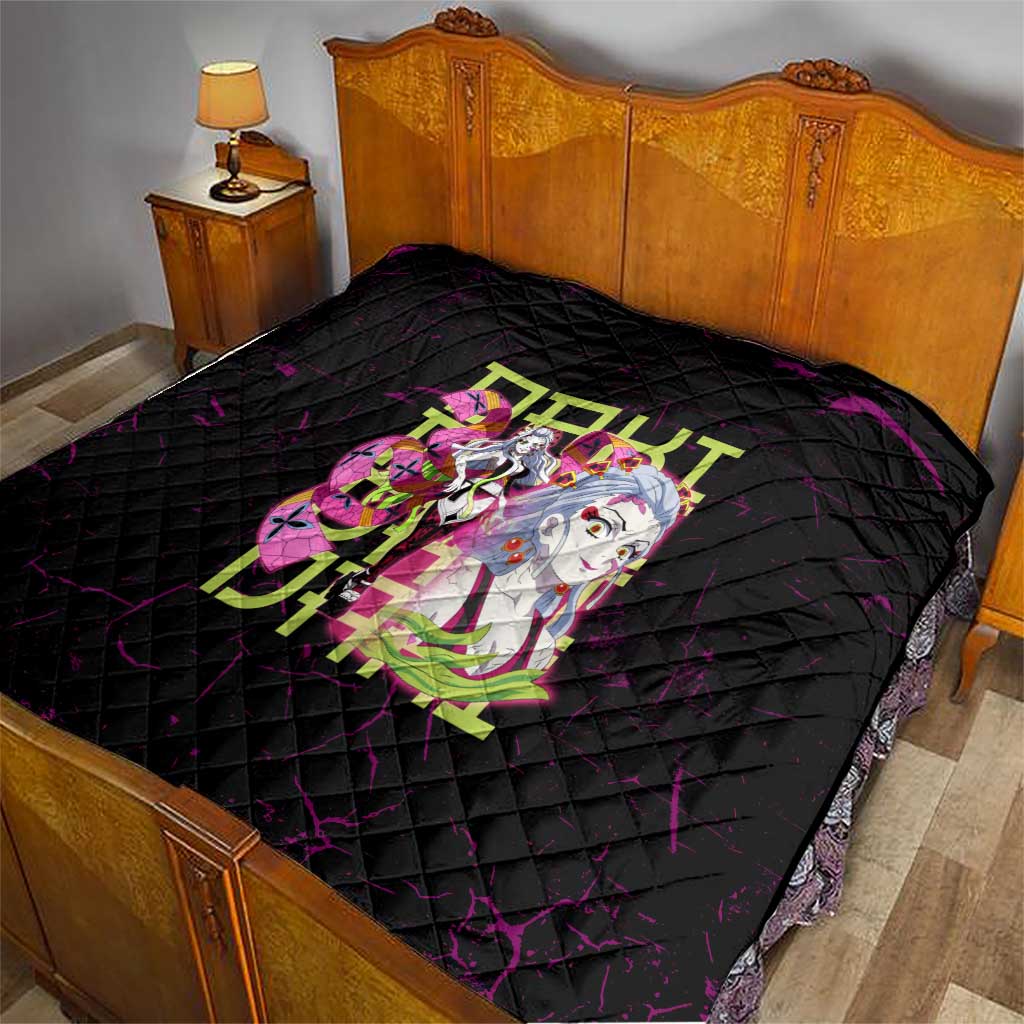 Daki Demon Slayer Theme Quilt with Obi Sash Design and Neon Pink Green Graphic Elements - The Mazicc