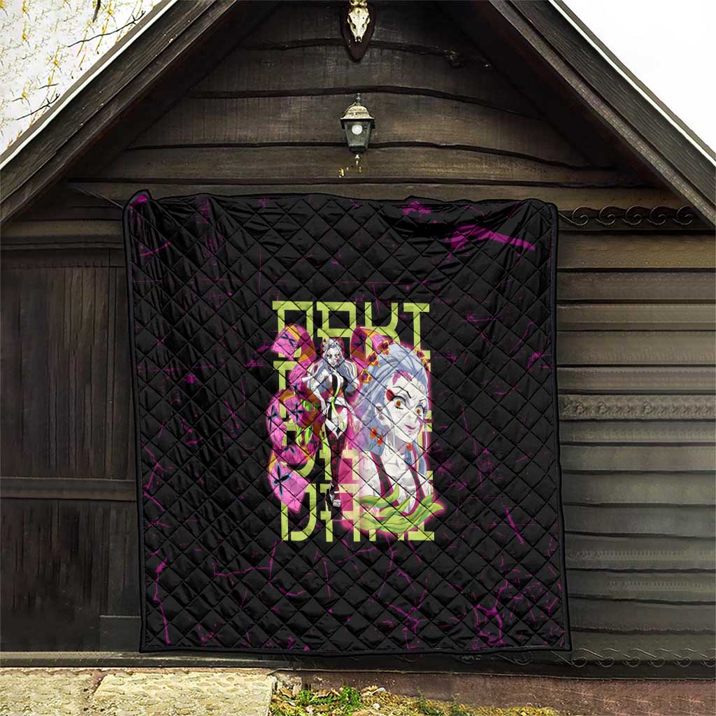 Daki Demon Slayer Theme Quilt with Obi Sash Design and Neon Pink Green Graphic Elements - The Mazicc
