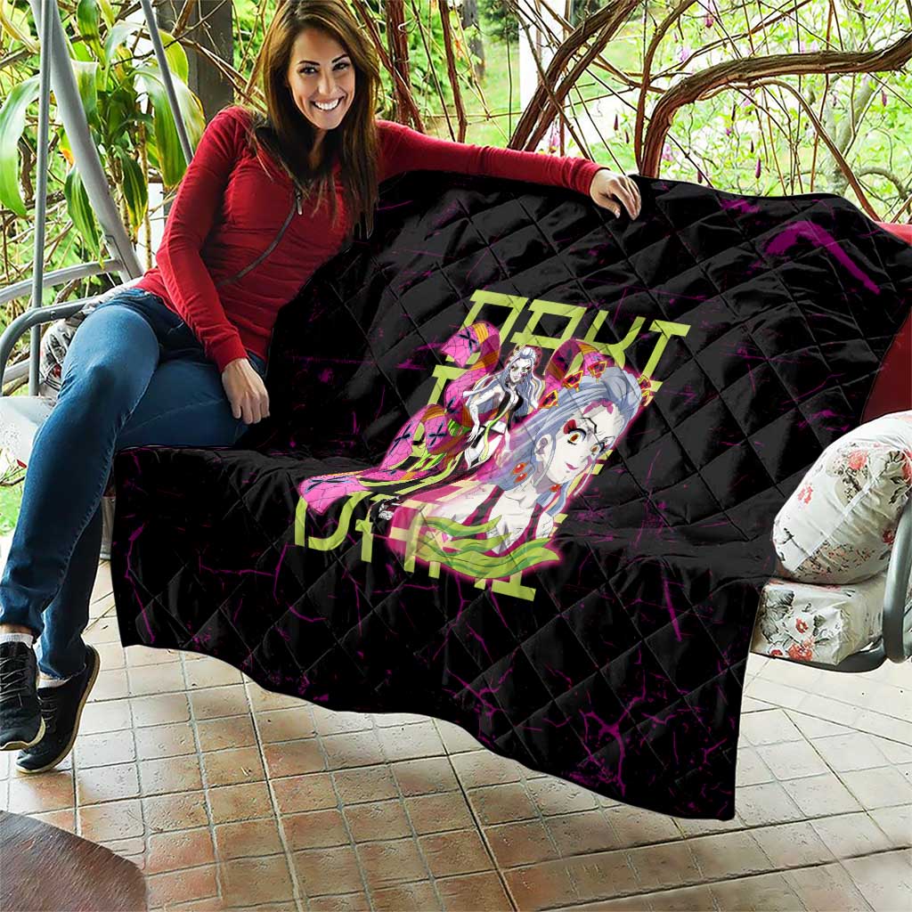 Daki Demon Slayer Theme Quilt with Obi Sash Design and Neon Pink Green Graphic Elements - The Mazicc
