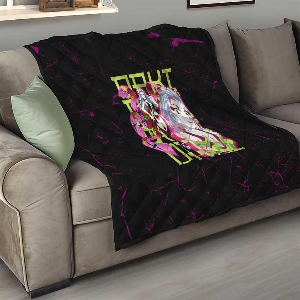 Daki Demon Slayer Theme Quilt with Obi Sash Design and Neon Pink Green Graphic Elements - The Mazicc