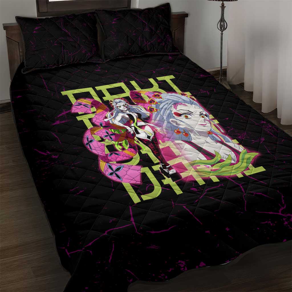 Daki Demon Slayer Theme Quilt Bed Set with Obi Sash Design and Neon Pink Green Graphic Elements - The Mazicc