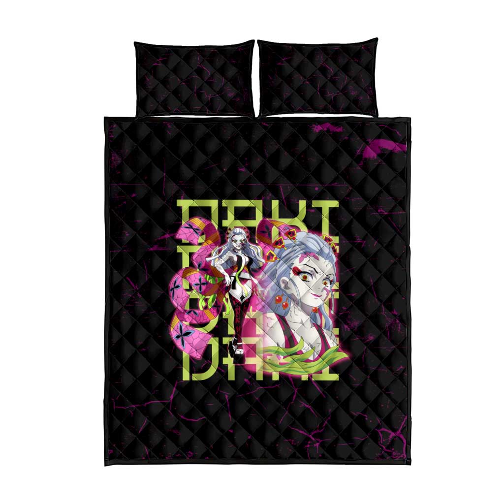 Daki Demon Slayer Theme Quilt Bed Set with Obi Sash Design and Neon Pink Green Graphic Elements - The Mazicc