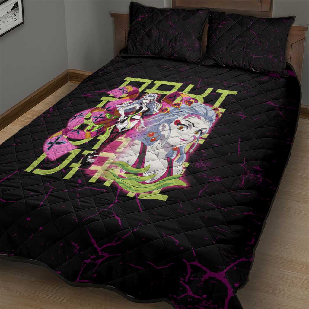 Daki Demon Slayer Theme Quilt Bed Set with Obi Sash Design and Neon Pink Green Graphic Elements - The Mazicc