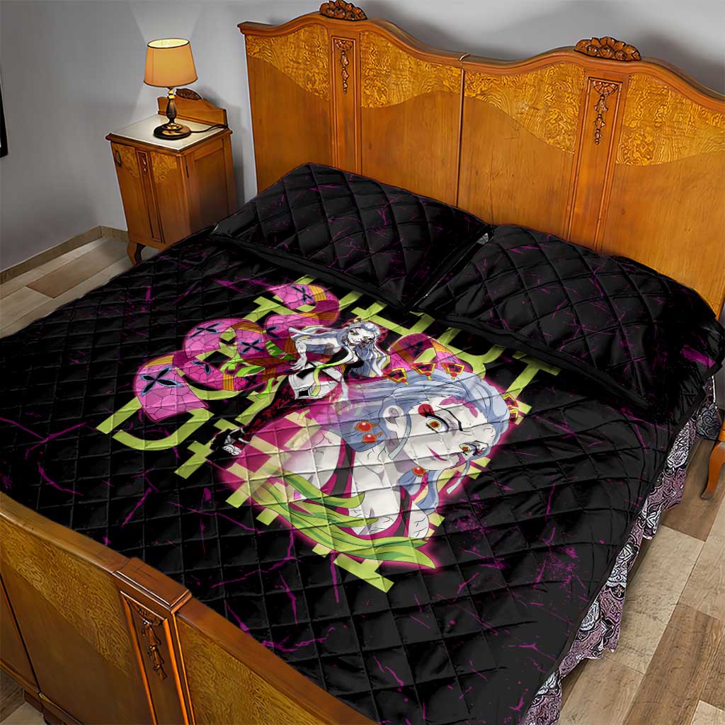 Daki Demon Slayer Theme Quilt Bed Set with Obi Sash Design and Neon Pink Green Graphic Elements - The Mazicc