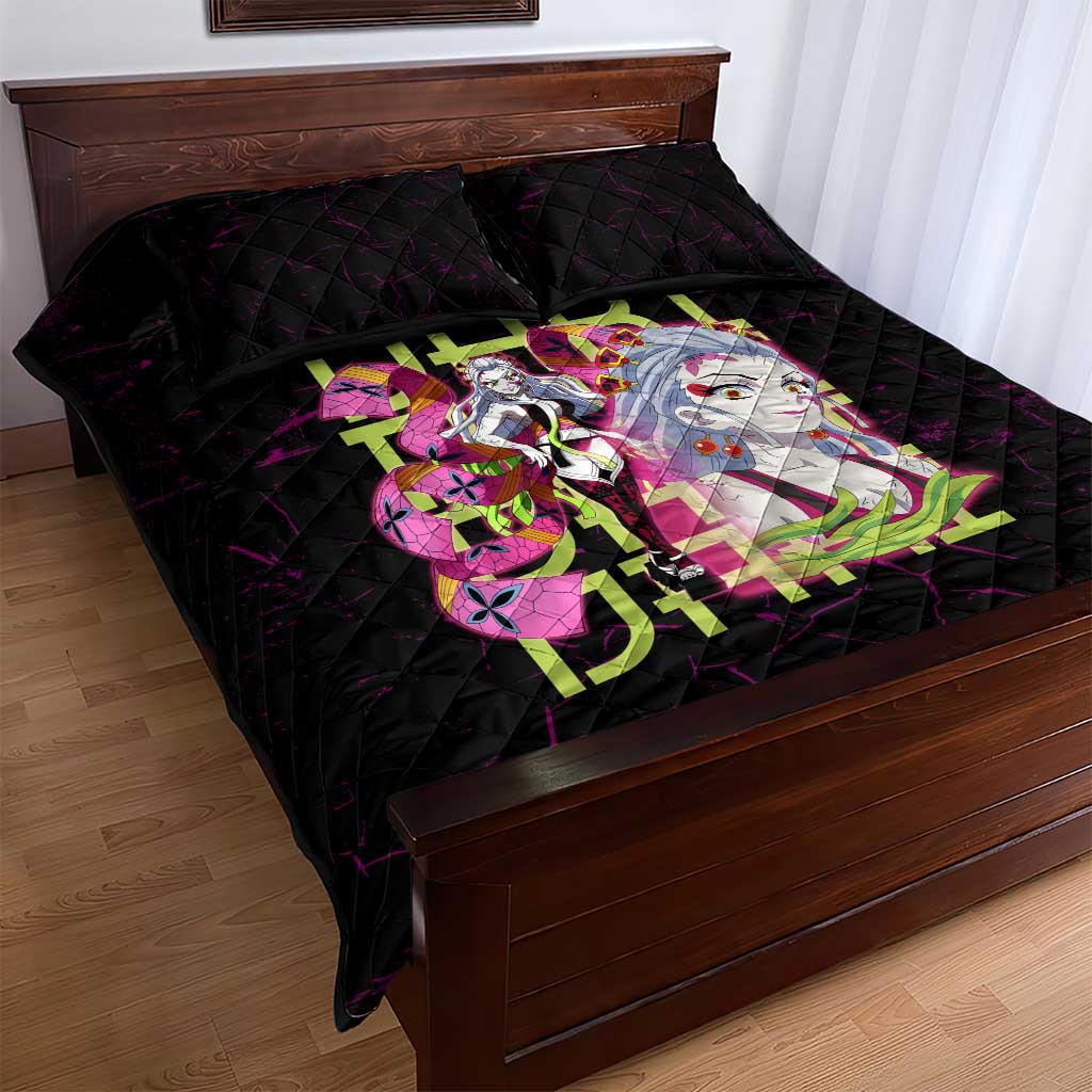 Daki Demon Slayer Theme Quilt Bed Set with Obi Sash Design and Neon Pink Green Graphic Elements - The Mazicc