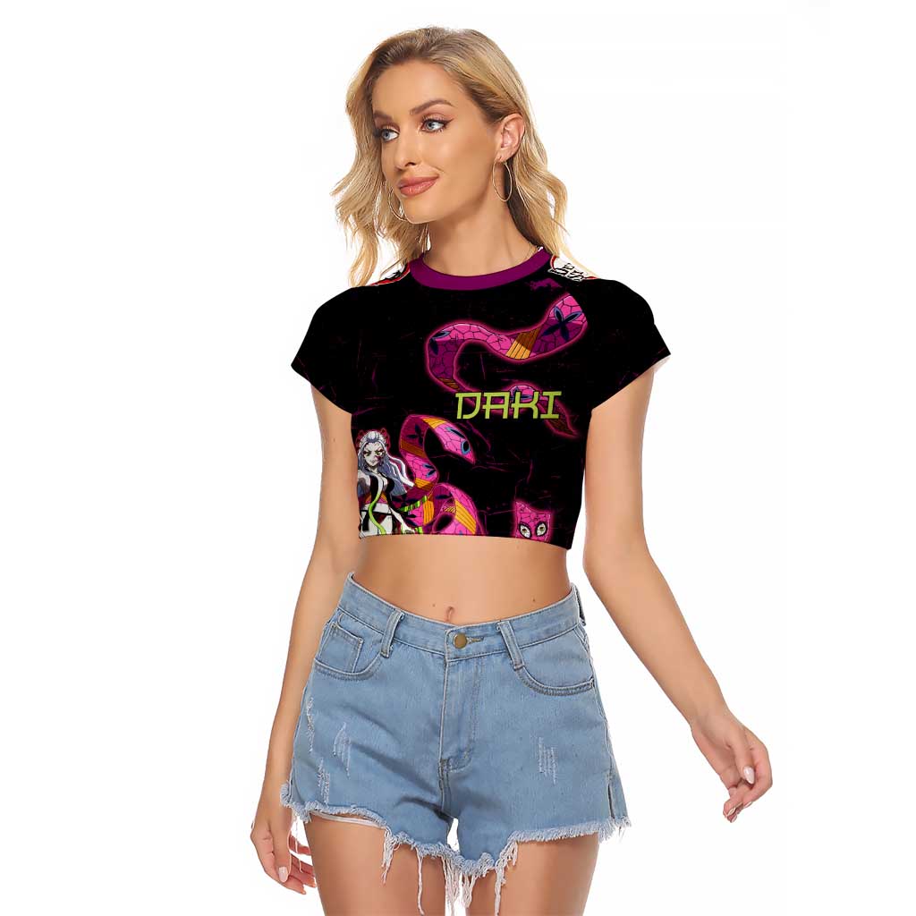 Daki Demon Slayer Theme Raglan Cropped T Shirt with Obi Sash Design and Neon Pink Green Graphic Elements - The Mazicc