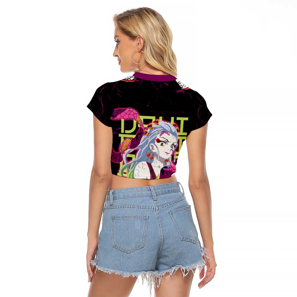 Daki Demon Slayer Theme Raglan Cropped T Shirt with Obi Sash Design and Neon Pink Green Graphic Elements - The Mazicc