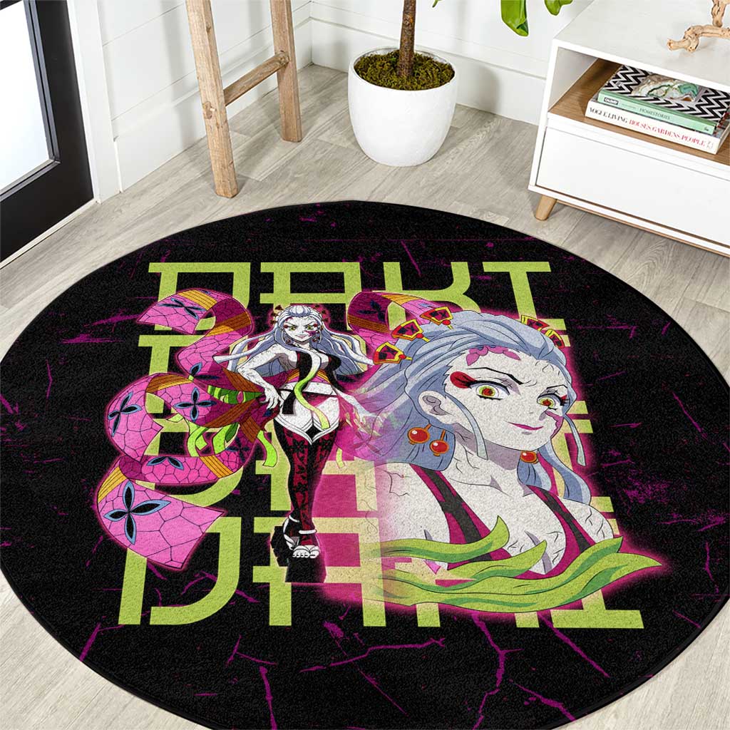 Daki Demon Slayer Theme Round Carpet with Obi Sash Design and Neon Pink Green Graphic Elements - The Mazicc