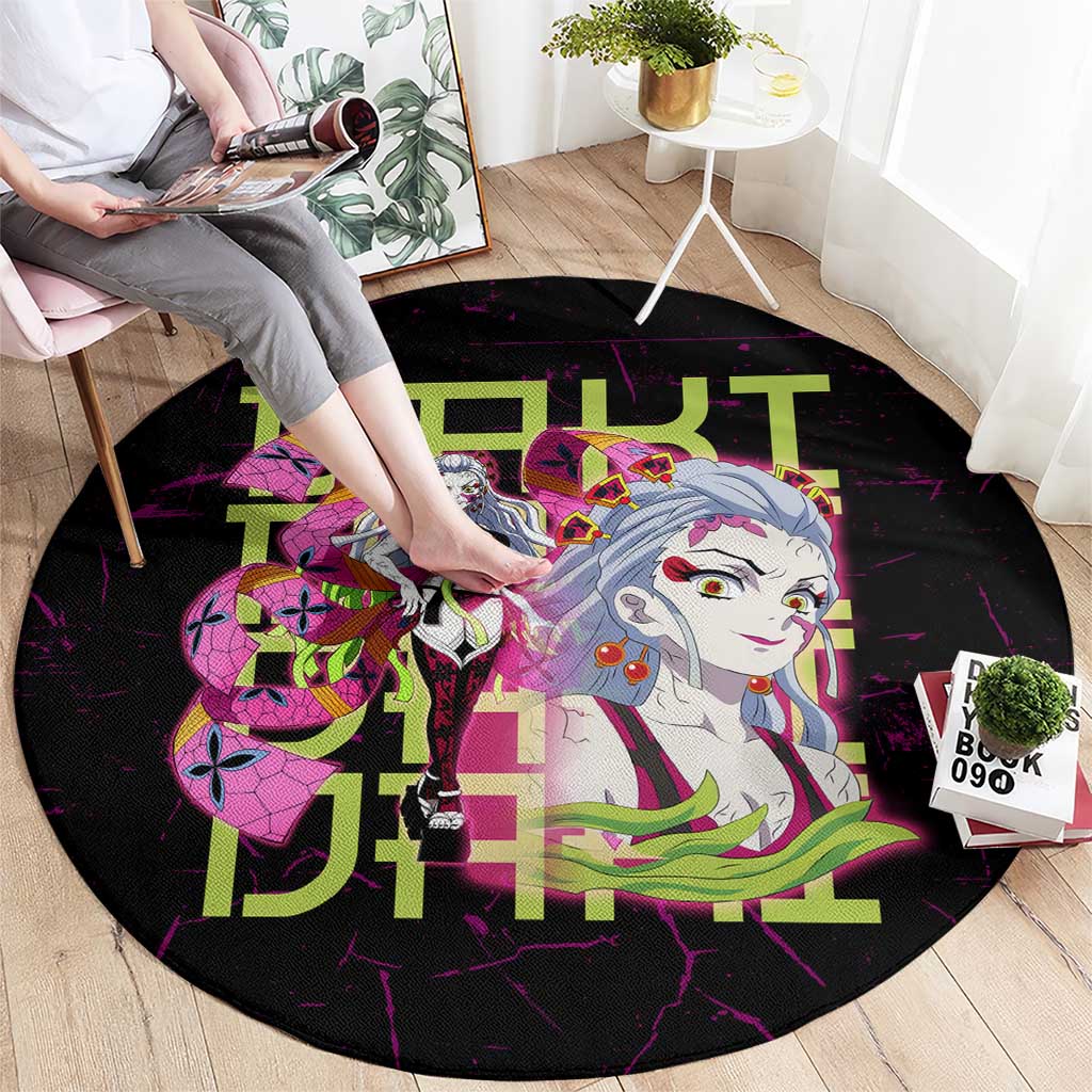 Daki Demon Slayer Theme Round Carpet with Obi Sash Design and Neon Pink Green Graphic Elements - The Mazicc
