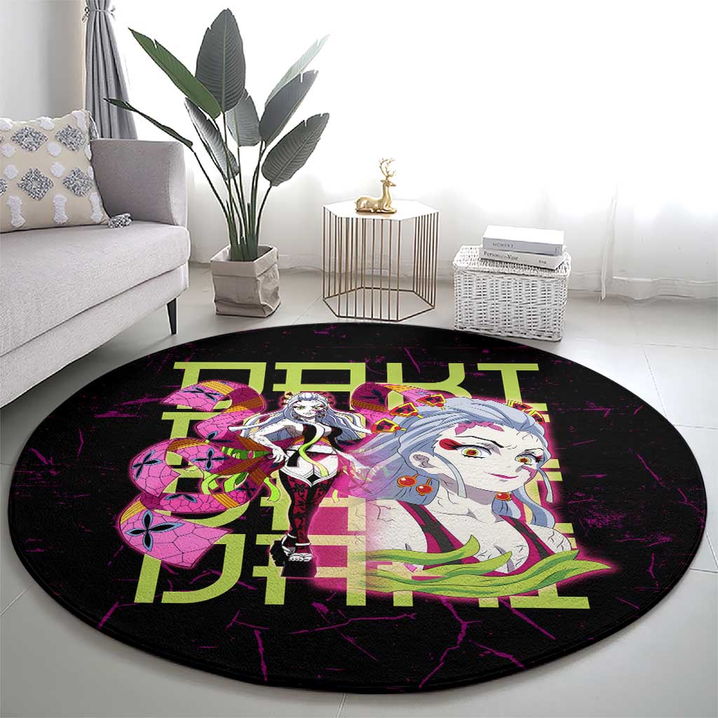 Daki Demon Slayer Theme Round Carpet with Obi Sash Design and Neon Pink Green Graphic Elements - The Mazicc
