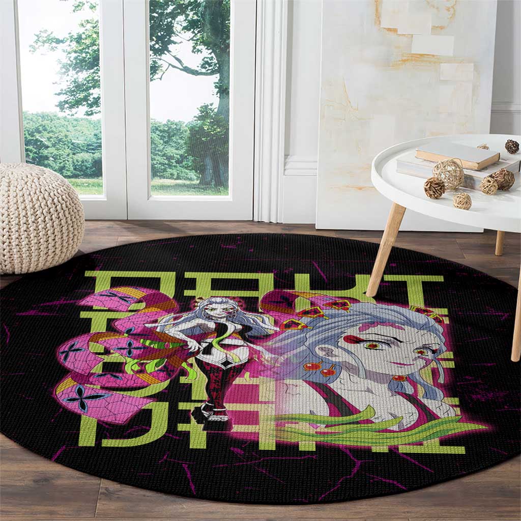 Daki Demon Slayer Theme Round Carpet with Obi Sash Design and Neon Pink Green Graphic Elements - The Mazicc