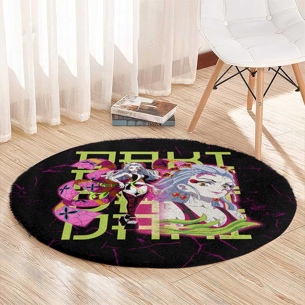 Daki Demon Slayer Theme Round Carpet with Obi Sash Design and Neon Pink Green Graphic Elements - The Mazicc