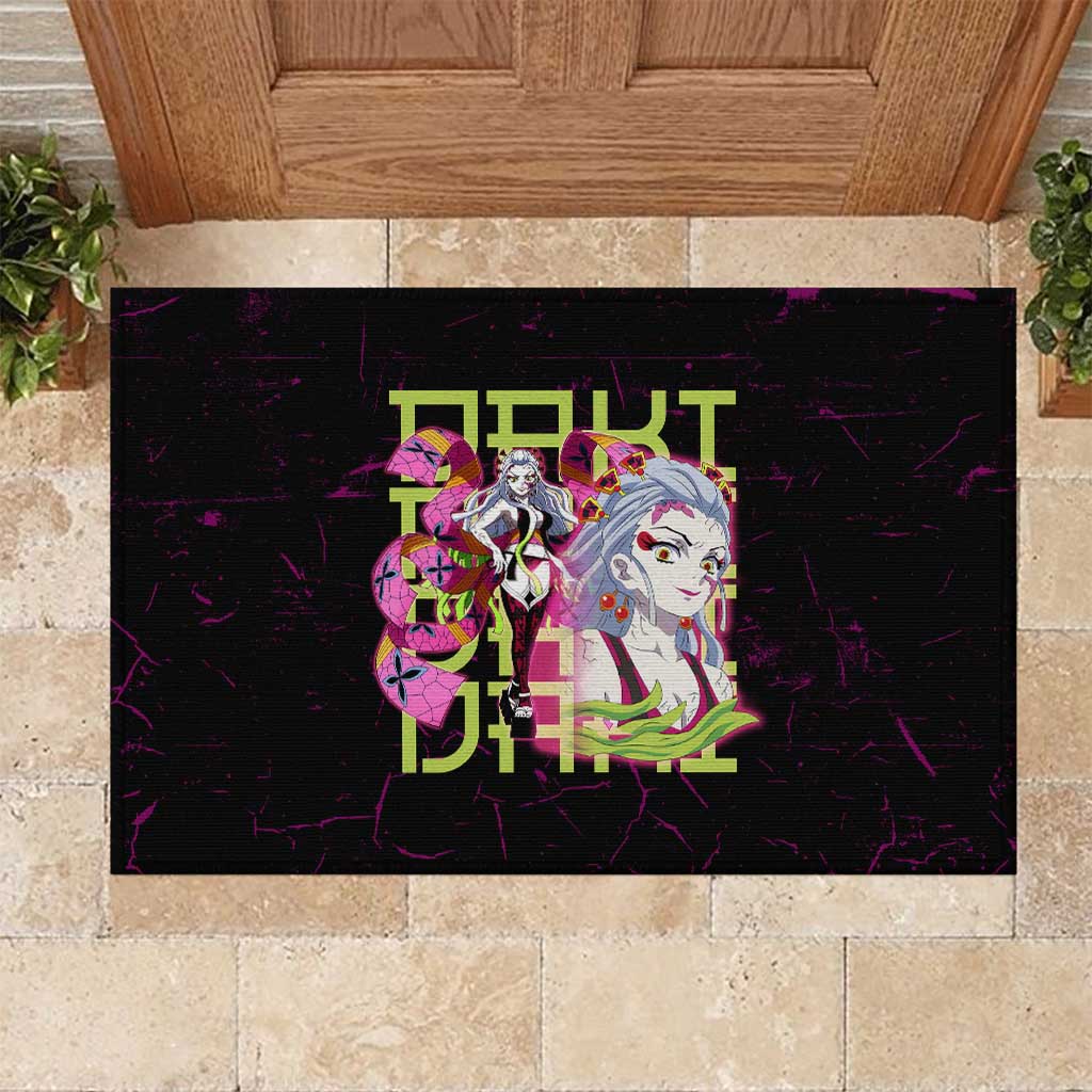 Daki Demon Slayer Theme Rubber Doormat with Obi Sash Design and Neon Pink Green Graphic Elements - The Mazicc