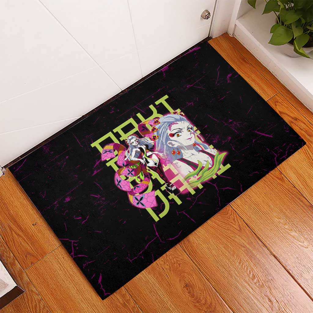 Daki Demon Slayer Theme Rubber Doormat with Obi Sash Design and Neon Pink Green Graphic Elements - The Mazicc