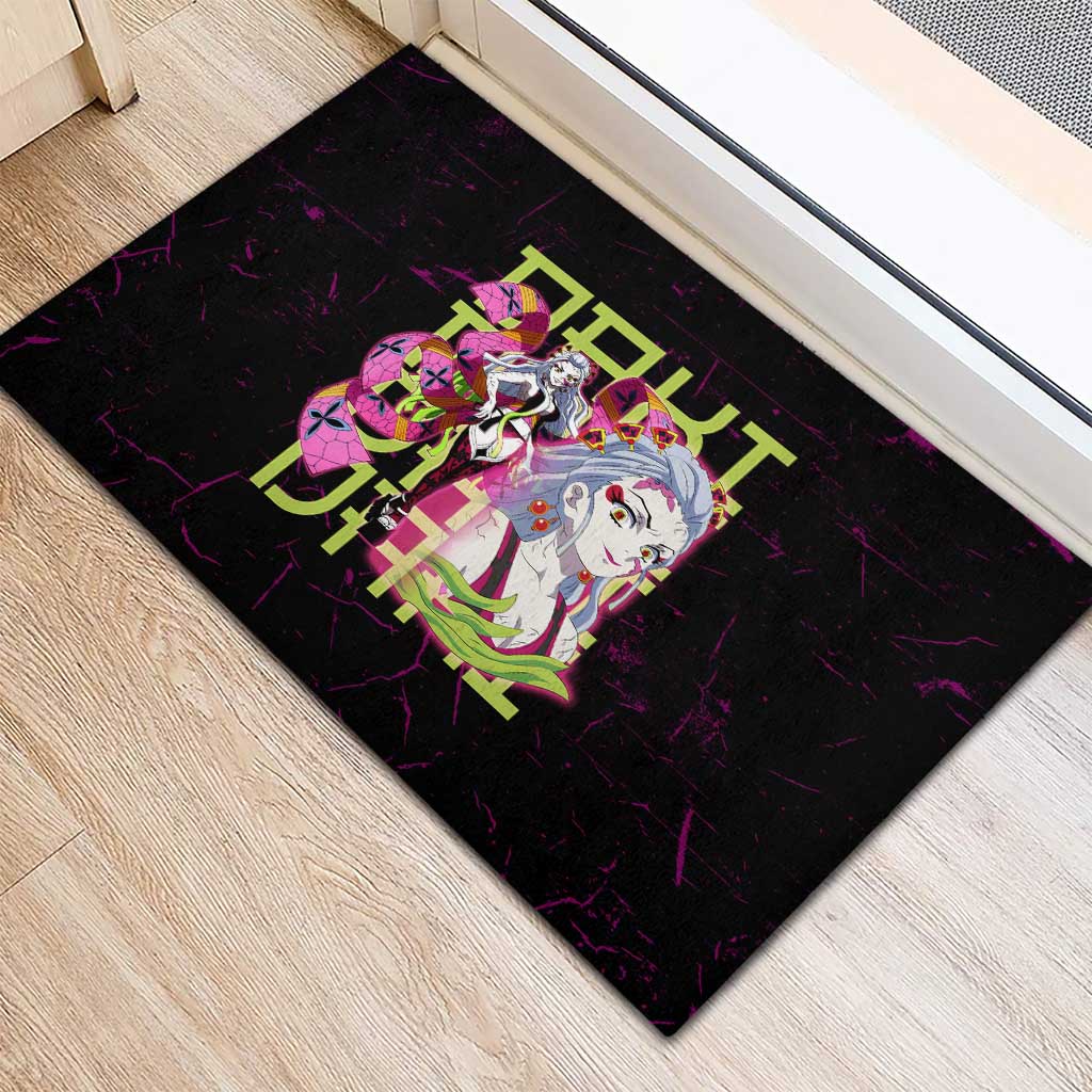 Daki Demon Slayer Theme Rubber Doormat with Obi Sash Design and Neon Pink Green Graphic Elements - The Mazicc