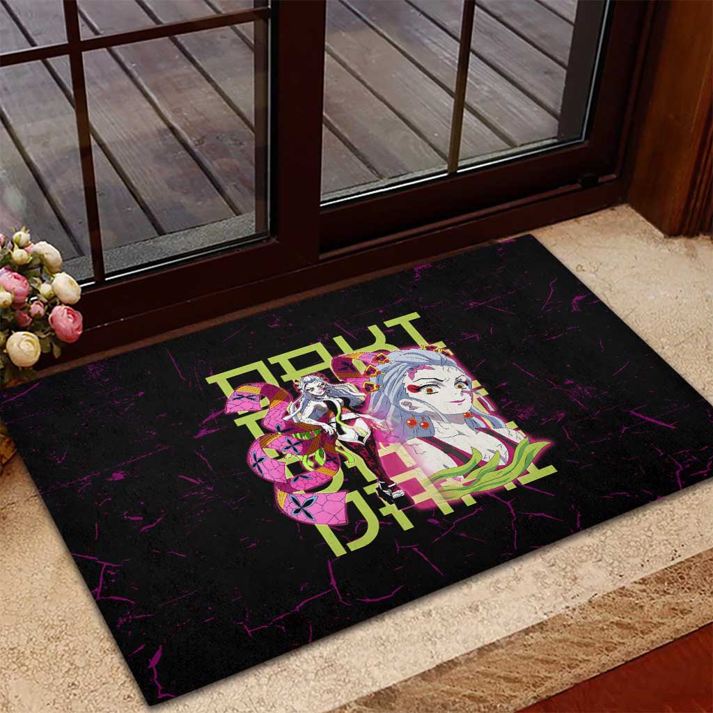 Daki Demon Slayer Theme Rubber Doormat with Obi Sash Design and Neon Pink Green Graphic Elements - The Mazicc