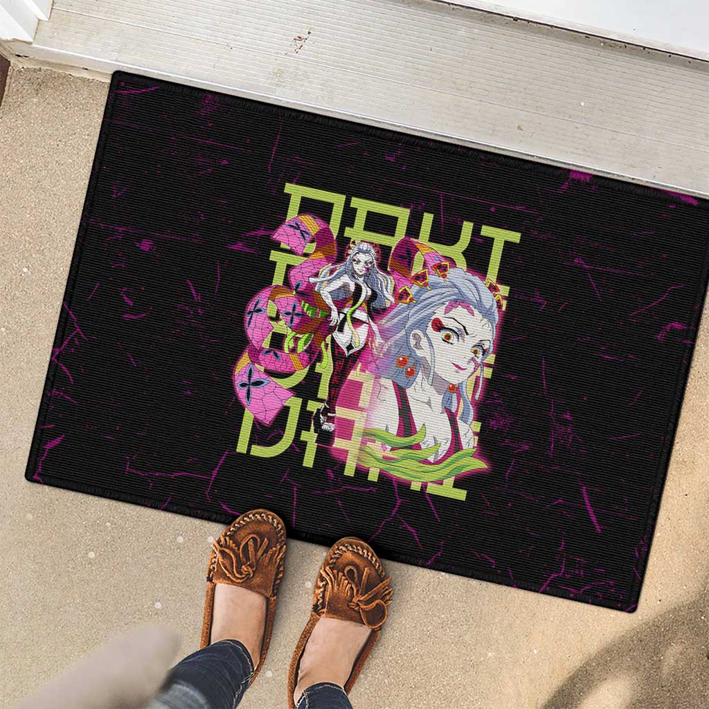 Daki Demon Slayer Theme Rubber Doormat with Obi Sash Design and Neon Pink Green Graphic Elements - The Mazicc
