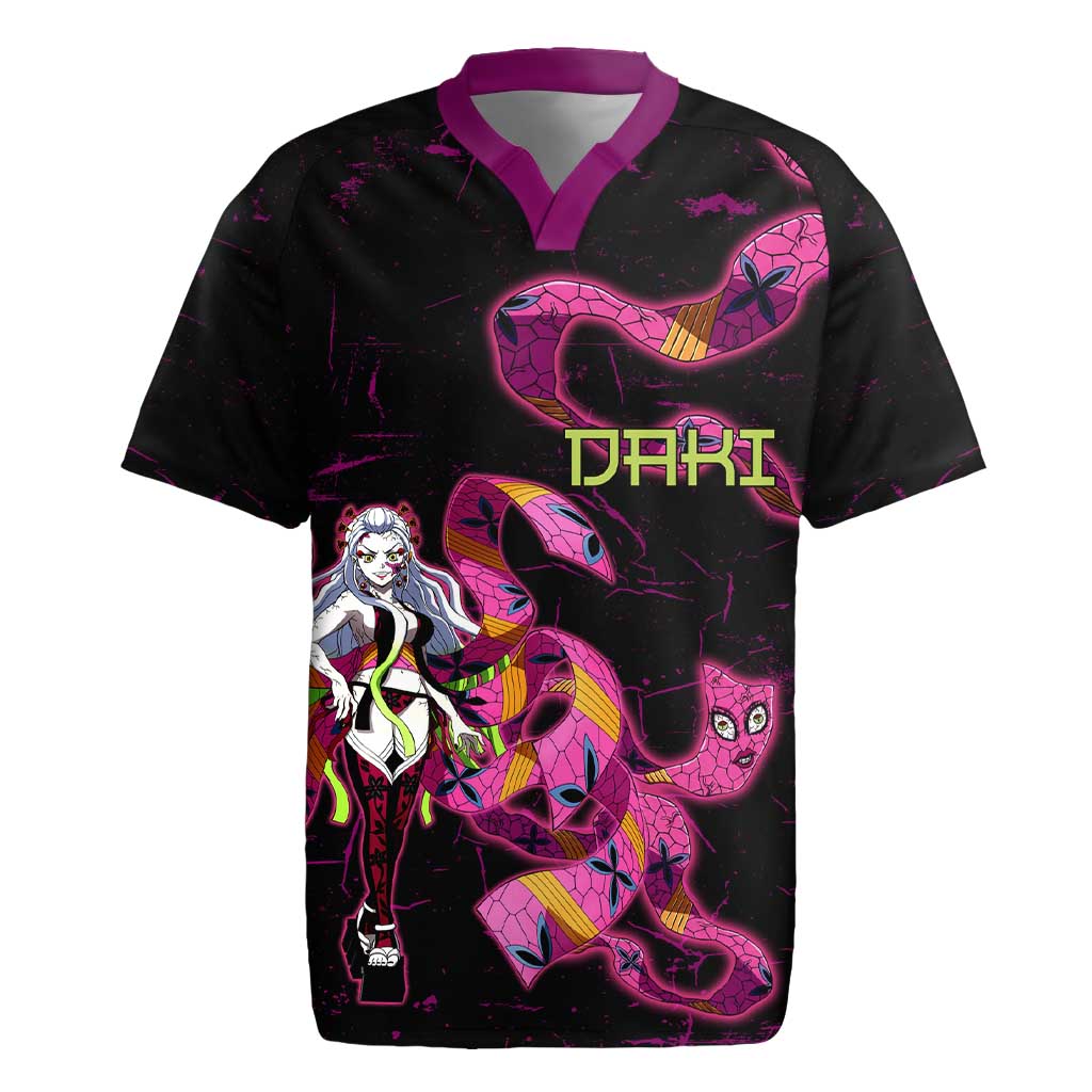 Daki Demon Slayer Theme Rugby Jersey with Obi Sash Design and Neon Pink Green Graphic Elements - The Mazicc