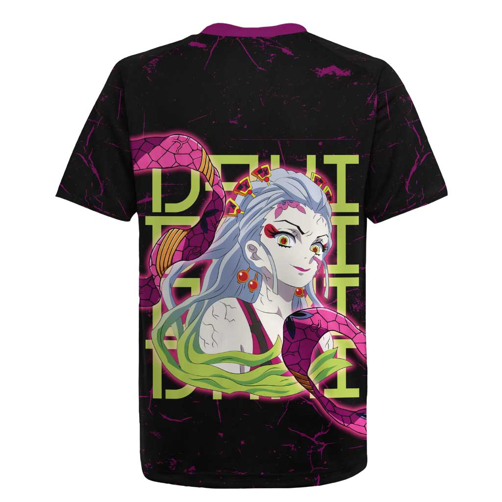 Daki Demon Slayer Theme Rugby Jersey with Obi Sash Design and Neon Pink Green Graphic Elements - The Mazicc