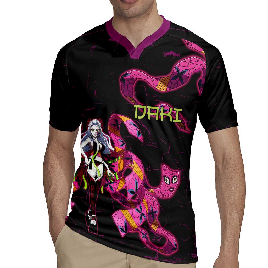 Daki Demon Slayer Theme Rugby Jersey with Obi Sash Design and Neon Pink Green Graphic Elements - The Mazicc