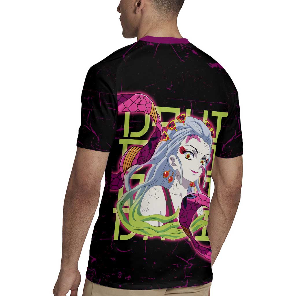 Daki Demon Slayer Theme Rugby Jersey with Obi Sash Design and Neon Pink Green Graphic Elements - The Mazicc