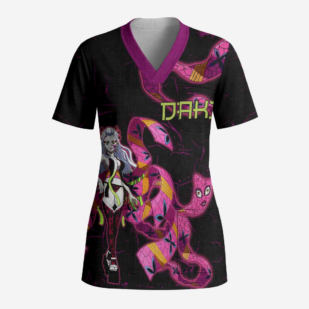 Daki Demon Slayer Theme Scrub Top with Obi Sash Design and Neon Pink Green Graphic Elements - The Mazicc