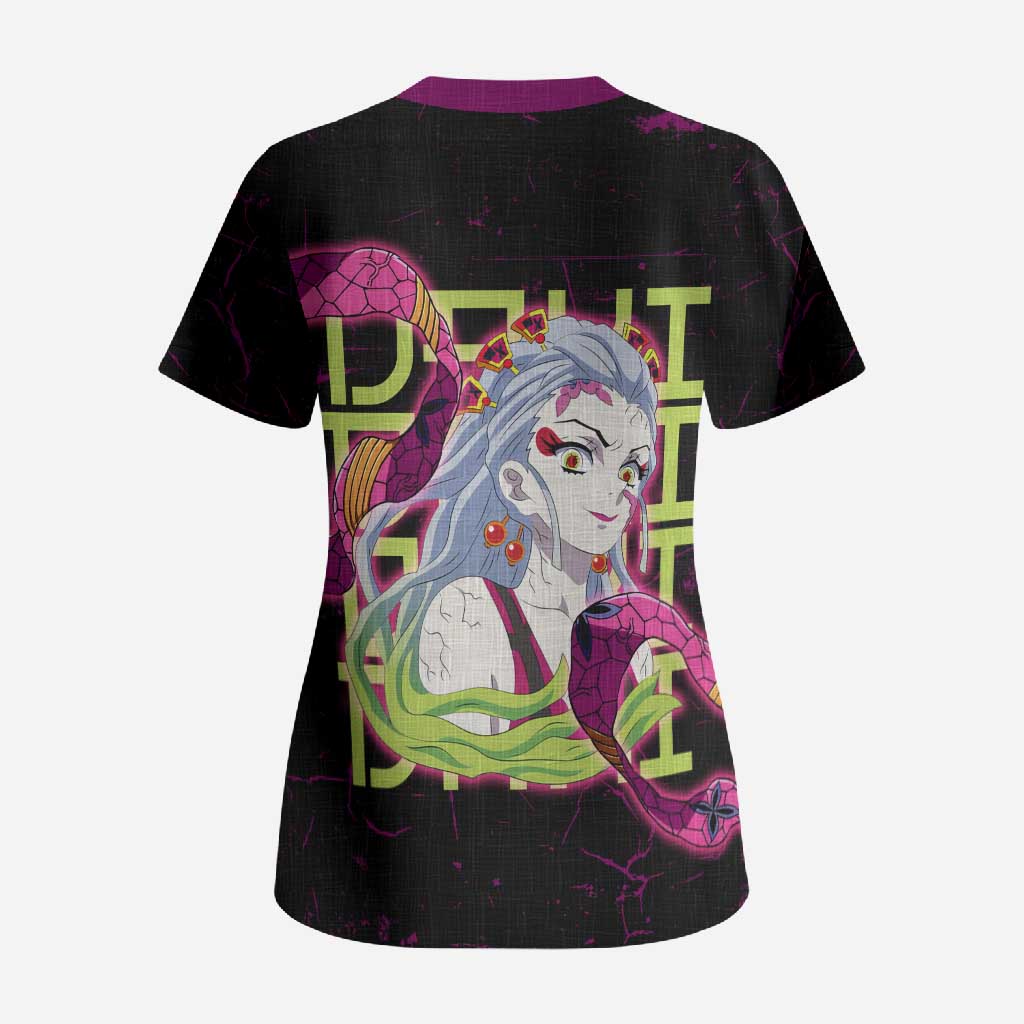 Daki Demon Slayer Theme Scrub Top with Obi Sash Design and Neon Pink Green Graphic Elements - The Mazicc