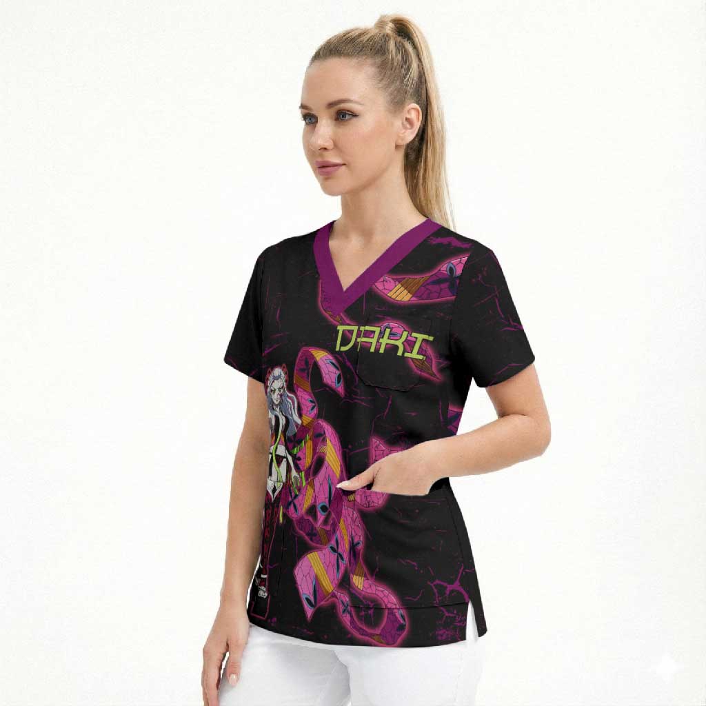 Daki Demon Slayer Theme Scrub Top with Obi Sash Design and Neon Pink Green Graphic Elements - The Mazicc