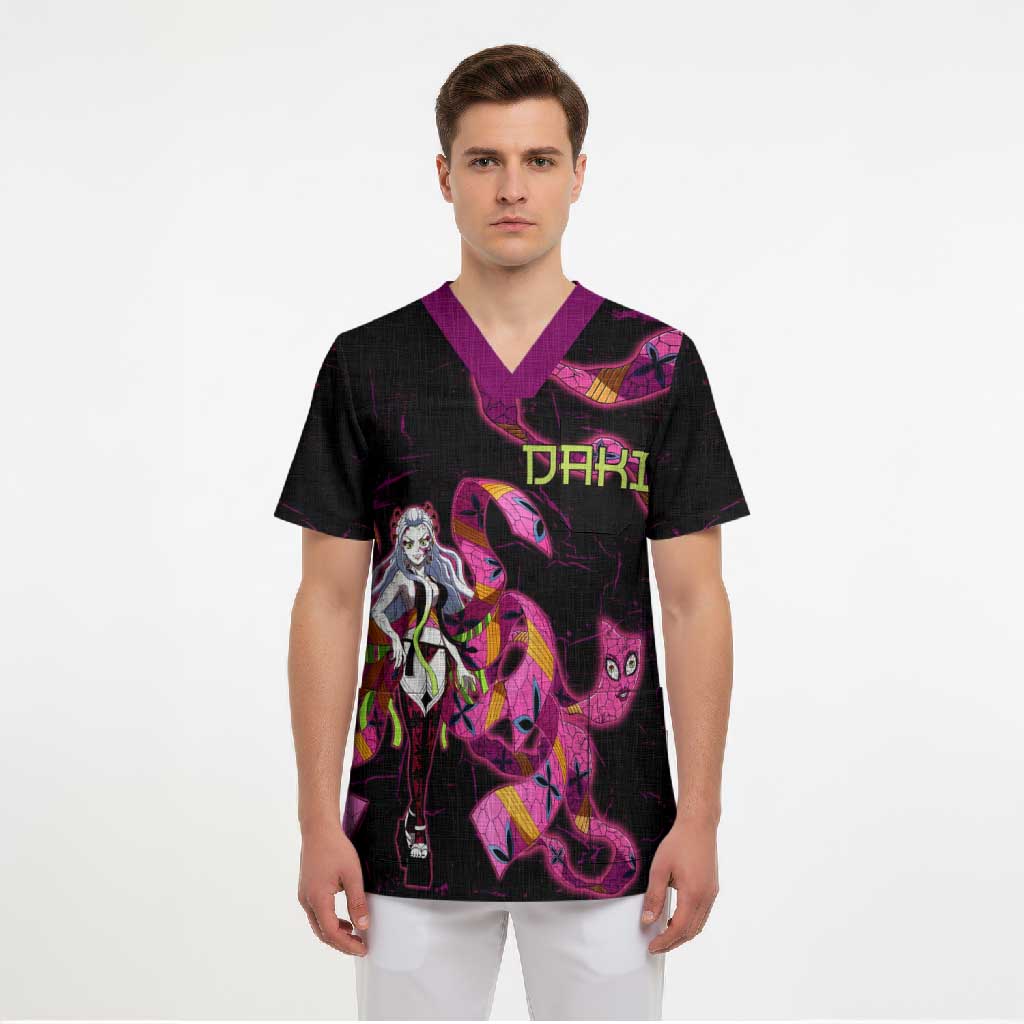 Daki Demon Slayer Theme Scrub Top with Obi Sash Design and Neon Pink Green Graphic Elements - The Mazicc