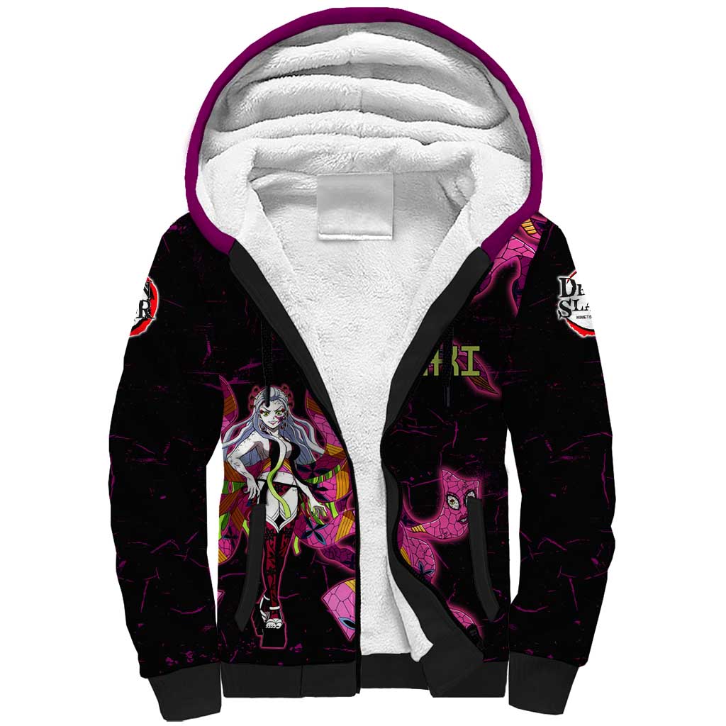 Daki Demon Slayer Theme Sherpa Hoodie with Obi Sash Design and Neon Pink Green Graphic Elements - The Mazicc