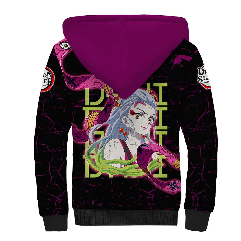 Daki Demon Slayer Theme Sherpa Hoodie with Obi Sash Design and Neon Pink Green Graphic Elements - The Mazicc