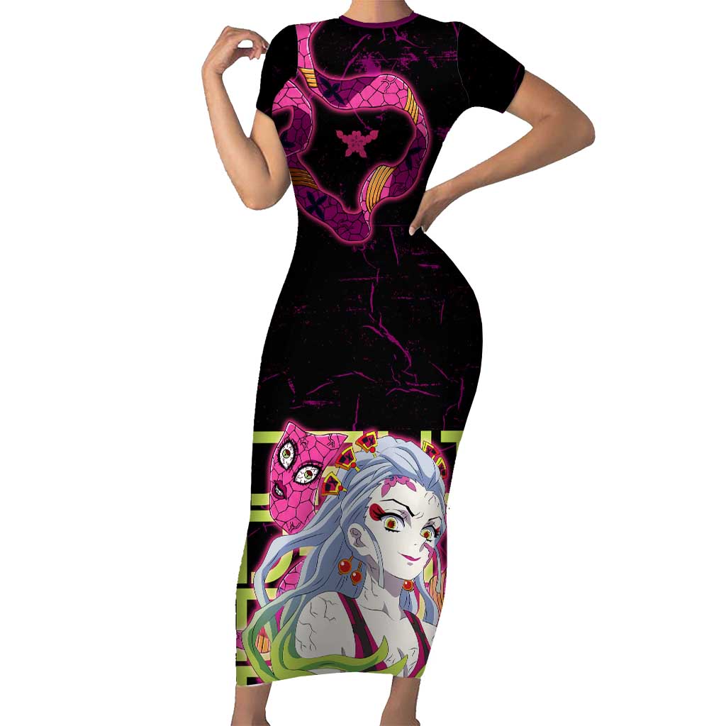 Daki Demon Slayer Theme Short Sleeve Bodycon Dress with Obi Sash Design and Neon Pink Green Graphic Elements - The Mazicc