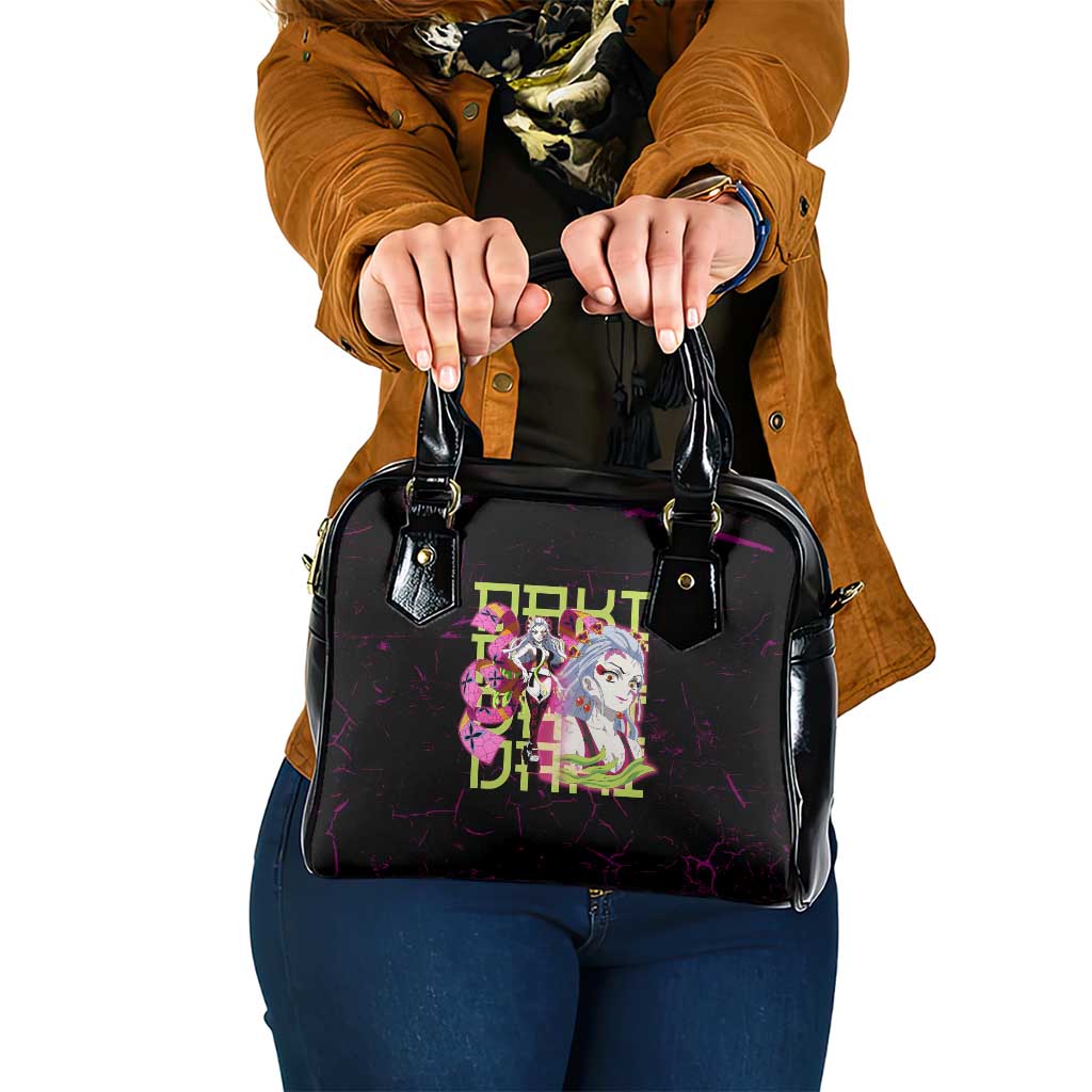 Daki Demon Slayer Theme Shoulder Handbag with Obi Sash Design and Neon Pink Green Graphic Elements - The Mazicc