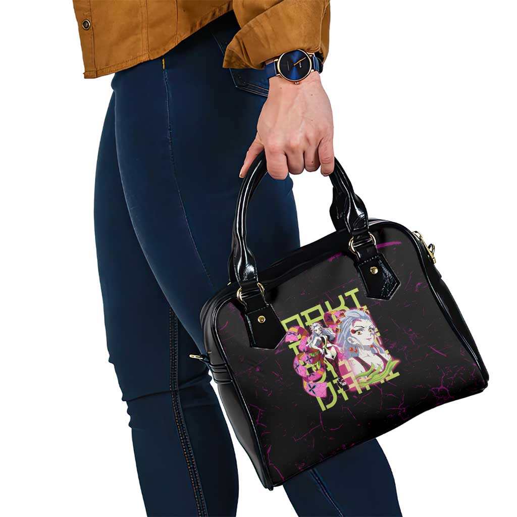 Daki Demon Slayer Theme Shoulder Handbag with Obi Sash Design and Neon Pink Green Graphic Elements - The Mazicc
