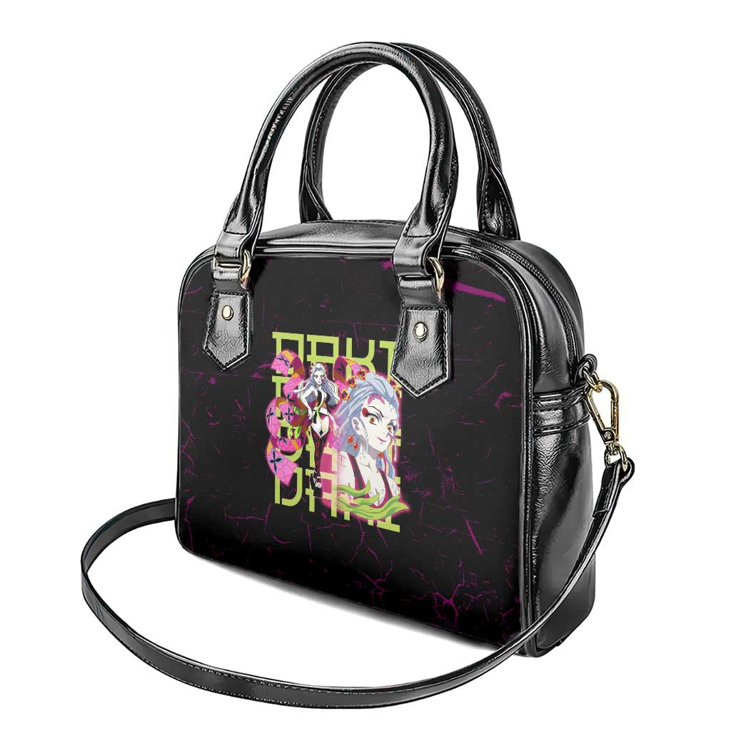 Daki Demon Slayer Theme Shoulder Handbag with Obi Sash Design and Neon Pink Green Graphic Elements - The Mazicc