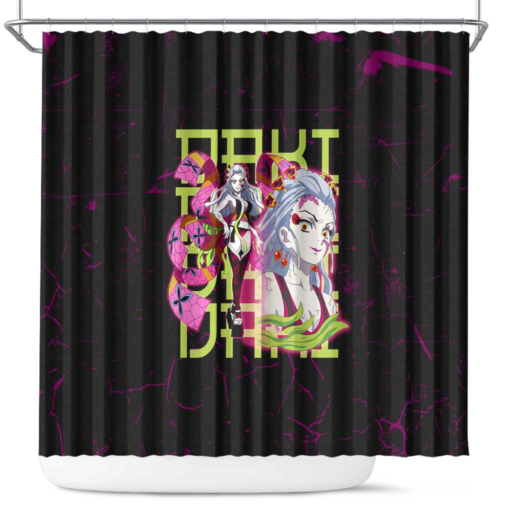 Daki Demon Slayer Theme Shower Curtain with Obi Sash Design and Neon Pink Green Graphic Elements - The Mazicc