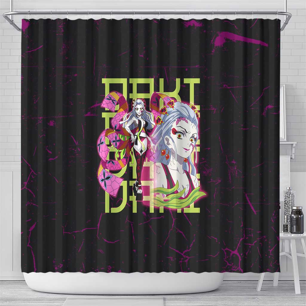 Daki Demon Slayer Theme Shower Curtain with Obi Sash Design and Neon Pink Green Graphic Elements - The Mazicc