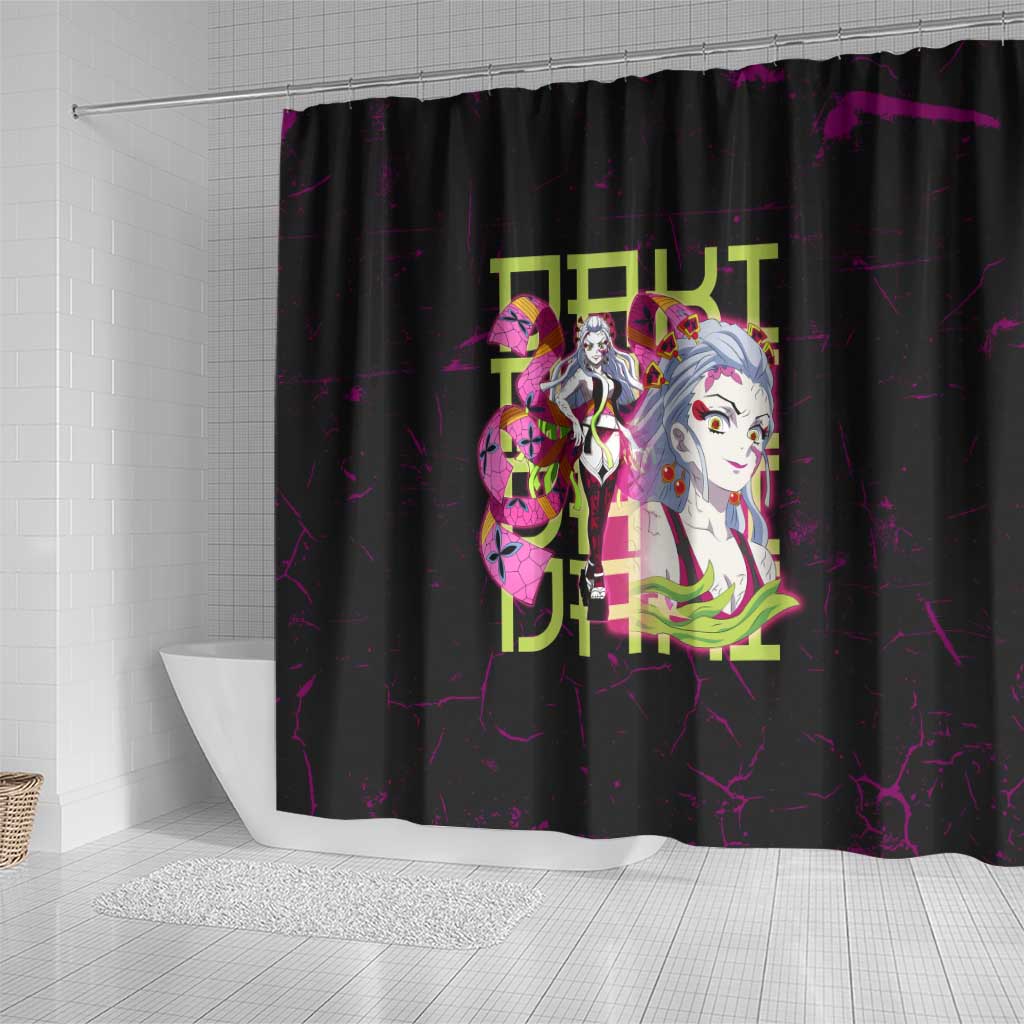 Daki Demon Slayer Theme Shower Curtain with Obi Sash Design and Neon Pink Green Graphic Elements - The Mazicc