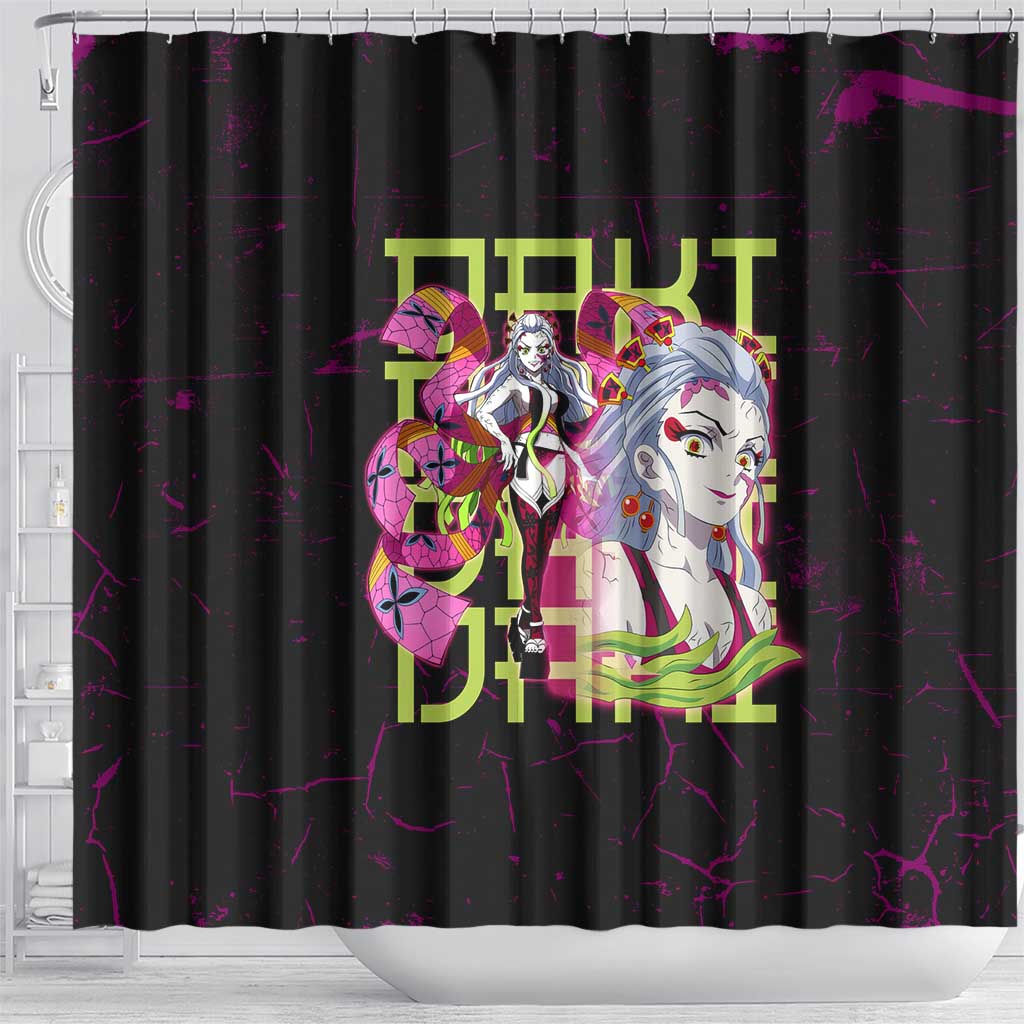 Daki Demon Slayer Theme Shower Curtain with Obi Sash Design and Neon Pink Green Graphic Elements - The Mazicc