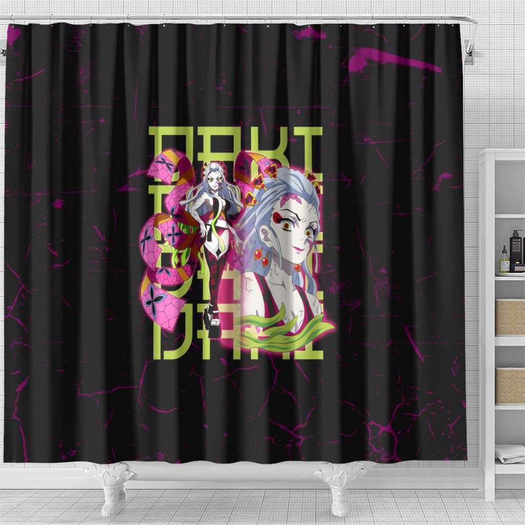 Daki Demon Slayer Theme Shower Curtain with Obi Sash Design and Neon Pink Green Graphic Elements - The Mazicc