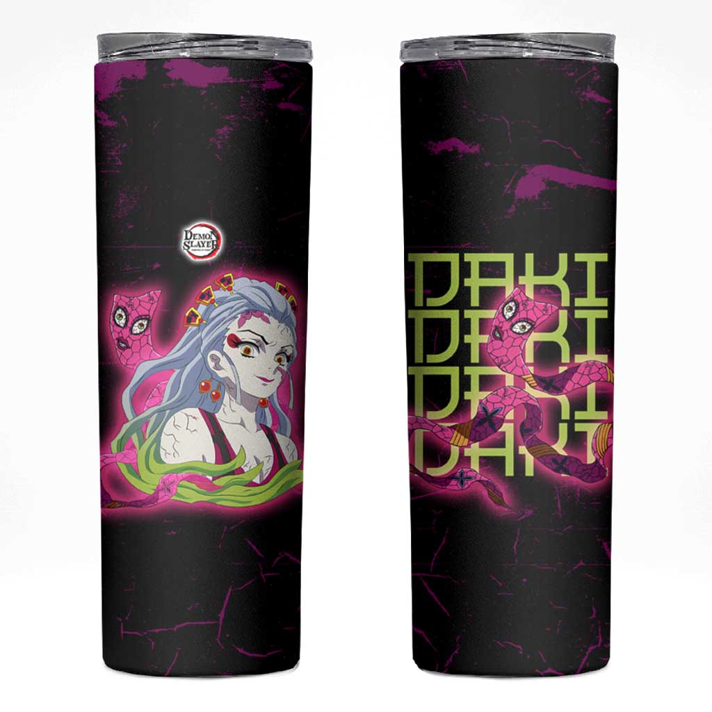 Daki Demon Slayer Theme Skinny Tumbler with Obi Sash Design and Neon Pink Green Graphic Elements - The Mazicc