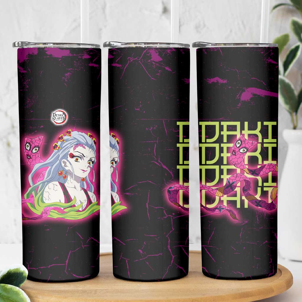 Daki Demon Slayer Theme Skinny Tumbler with Obi Sash Design and Neon Pink Green Graphic Elements - The Mazicc