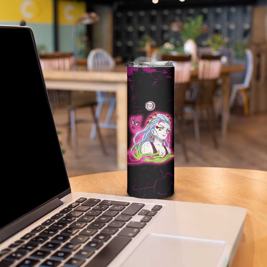 Daki Demon Slayer Theme Skinny Tumbler with Obi Sash Design and Neon Pink Green Graphic Elements - The Mazicc