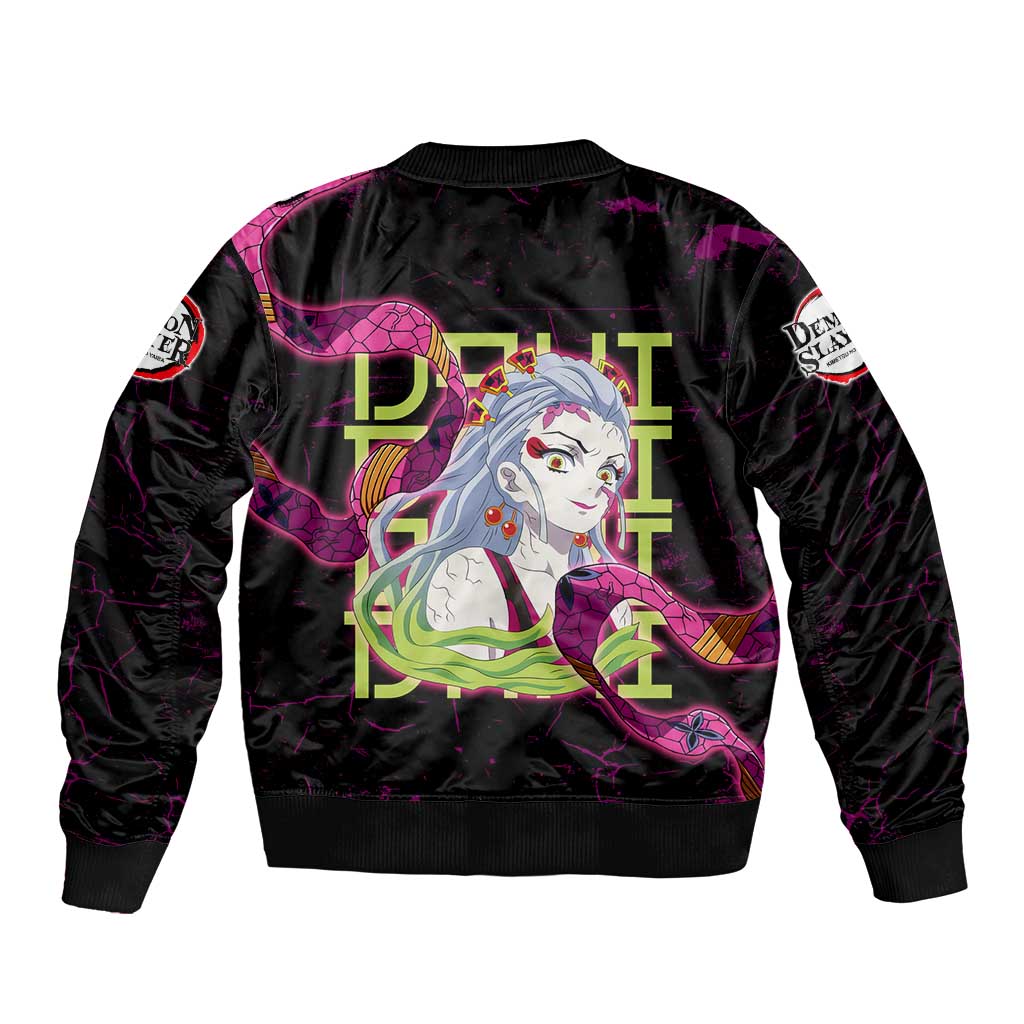 Daki Demon Slayer Theme Sleeve Zip Bomber Jacket with Obi Sash Design and Neon Pink Green Graphic Elements - The Mazicc