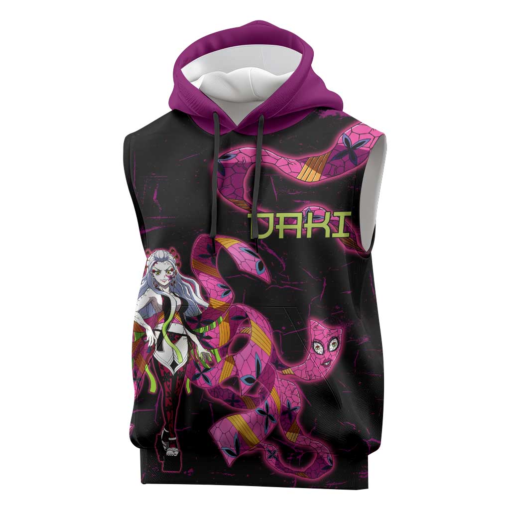 Daki Demon Slayer Theme Sleeveless Hoodie with Obi Sash Design and Neon Pink Green Graphic Elements - The Mazicc