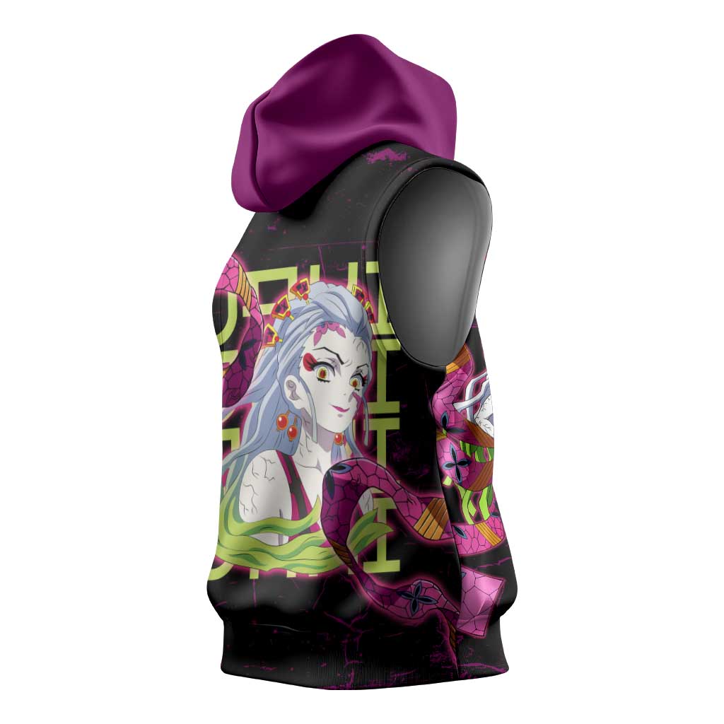 Daki Demon Slayer Theme Sleeveless Hoodie with Obi Sash Design and Neon Pink Green Graphic Elements - The Mazicc
